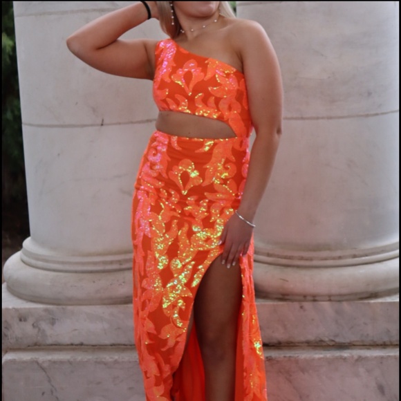 Helly Moon Sparkly Orange Sequin One Shoulder Long Prom Dress with Slit - Picture 3 of 6